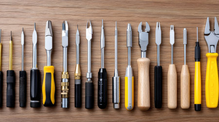 This image showcases an array of various hand tools arranged neatly on a wooden surface, ideal for repair, construction, or DIY projects.の素材