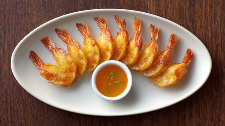 Cooked cocktail shrimp arranged in a fan shape on plate with dipping sauce and spaceの素材
