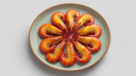 Flat lay of cooked shrimp with shells on, arranged in a circular pattern on a ceramic plate with open backgroundの素材