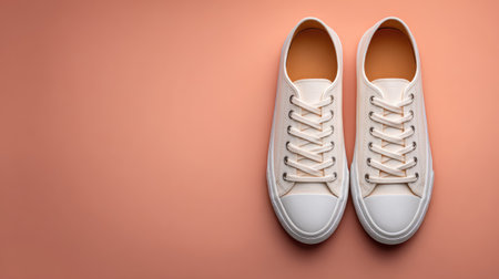 Top view of a pair of plain white sneakers placed on a clean pastel background with empty copy space aroundの素材