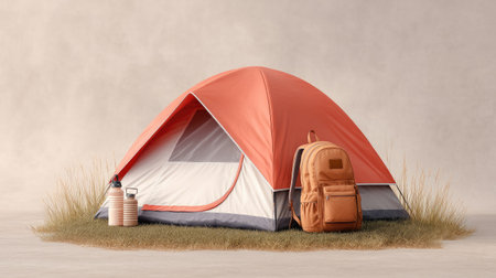 This image captures a cozy camping setup featuring an orange tent, a sturdy backpack, and water bottles, all surrounded by lush green grass. Perfect for outdoor enthusiasts.の素材