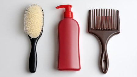 A visually appealing arrangement of hair care essentials including a brush, a comb, and a red shampoo bottle, perfect for personal grooming and styling.の素材