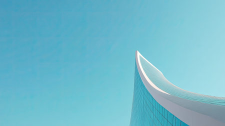 Captivating image of a modern architectural marvel showcasing smooth curves and glass reflections against a vibrant blue sky, evoking a sense of tranquility.の素材