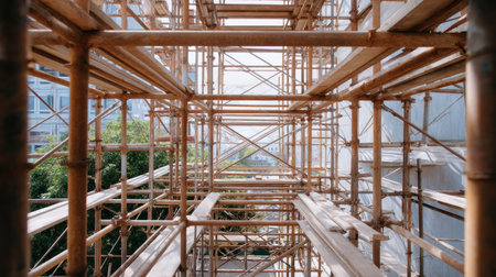 This image showcases a detailed perspective of construction scaffolding, highlighting the intricate framework against an urban backdrop filled with greenery and a clear sky.の素材