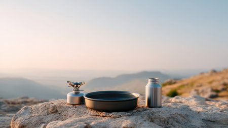 A serene outdoor scene showcasing camp cooking gear placed on a rocky surface, with a stunning view of mountains in the background during golden hour.の素材