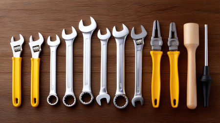 This image showcases a diverse array of hand tools, featuring various wrenches, pliers, and screwdrivers, arranged neatly on a wooden surface, ideal for craftspeople.の素材