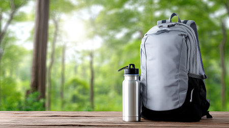A gray backpack rests beside a sleek water bottle on a wooden table, set against a vibrant green forest, capturing a perfect outdoor adventure moment.の素材
