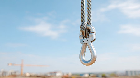 This image features a close-up view of a steel hook and rigging used in construction, hanging against a clear blue sky, highlighting industrial safety and equipment.の素材