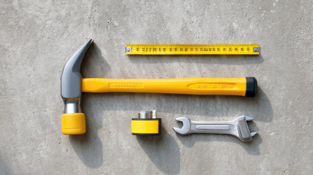 A flat arrangement of essential hand tools including a hammer, wrench, and measuring tape on a concrete surface, ideal for home repair projects.の素材
