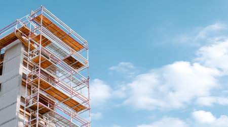 A striking image of a construction site showcasing scaffolding on a modern building against a beautiful blue sky, highlighting the progress of urban development.の素材
