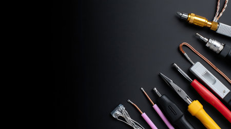 A collection of assorted hand tools and electrical equipment arranged neatly on a dark background. Ideal for projects, repairs, and DIY enthusiasts.の素材
