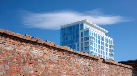 A striking contrast between a sleek modern skyscraper and a weathered brick wall under a bright blue sky. This image captures urban evolution.の素材