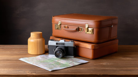A beautifully arranged still life featuring a vintage leather suitcase, an old camera, a wooden jar, and a travel map on a rustic wooden table. Perfect for travel enthusiasts.の素材