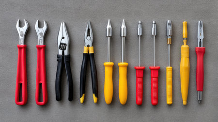 A flat lay arrangement of assorted hand tools including pliers and screwdrivers on a grey surface, perfect for DIY enthusiasts and repair professionals.の素材