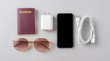 This flat lay features essential travel items including a passport, smartphone, charger, sunglasses, and power plug, ideal for modern adventurers.の素材