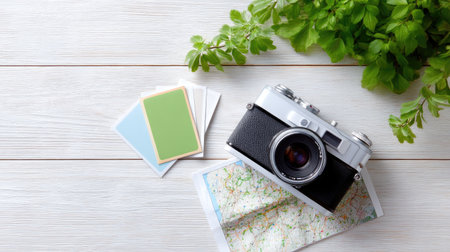 A vintage camera, blank photographs, and a map arranged on a wooden table, surrounded by fresh greenery, evoke a sense of adventure and creativity.の素材