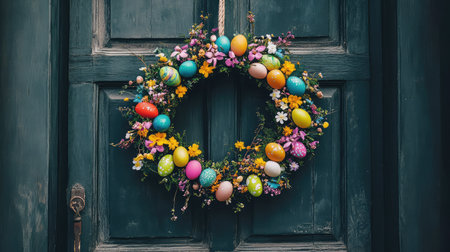 A charming Easter wreath made of vibrant flowers and colorful eggs hanging on a wooden door, leaving plenty of space for customized holiday greetings or textの素材