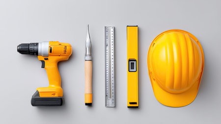Discover a collection of essential construction tools and safety gear for any building project. This image features a drill, ruler, level, and hard hat.の素材