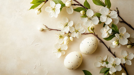 A charming Easter greeting card with a spring floral design and Easter egg accents, placed on a soft neutral background, offering space for personalized holiday messagesの素材