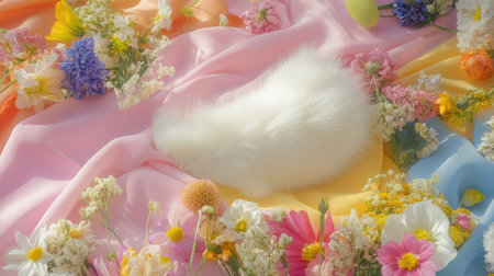 A close-up of a soft bunny tail resting on pastel-colored fabric, surrounded by vibrant spring flowers, with room for Easter-themed text or graphicsの素材