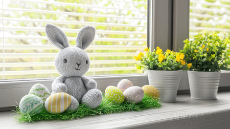 A fluffy Easter bunny with soft green grass and Easter eggs in the background, leaving plenty of copy space for custom text or festive greetingsの素材