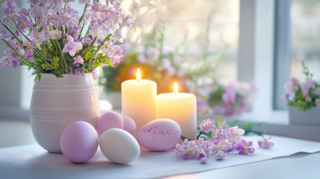 A decorative arrangement of Easter eggs, candles, and flowers placed on a white surface, leaving open space around the arrangement for holiday text or creative copyの素材