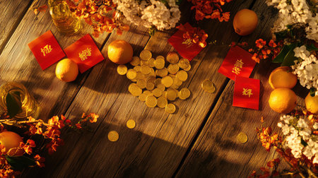 A wooden table with gold coins, red envelopes, and oranges, surrounded by intricate Chinese New Year decorations, leaving an open area for messagesの素材