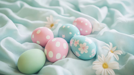 A collection of colorful Easter eggs arranged on a soft pastel cloth, with plenty of empty space around them for creative designs or messages, creating a festive vibeの素材