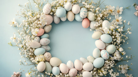 A decorative Easter wreath made of pastel-colored eggs and flowers, placed on a soft background with ample space around it for holiday text or seasonal messagesの素材