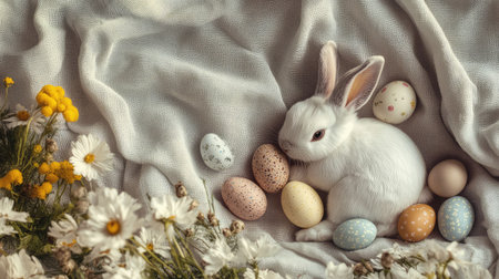 A cute bunny surrounded by Easter eggs and spring flowers, placed on a soft cloth background, leaving plenty of space for creative text or designsの素材