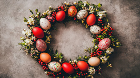 A decorative Easter wreath made of colorful eggs and soft flowers placed on a neutral background, with ample space in the foreground for personalized text or holiday greetingsの素材