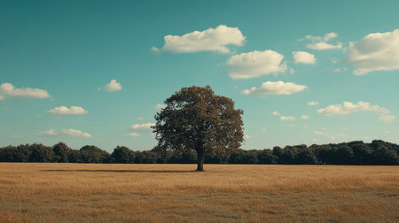 Grassy field with a single tree under a wide blue sky with soft clouds, minimal and clean natural design backgroundの素材
