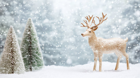 Decorative reindeer figurine with Christmas trees in a wintery setting and blank snowy spaceの素材
