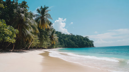 Minimal white sand beach with ocean waves in the distance, clear and peaceful tropical backdropの素材