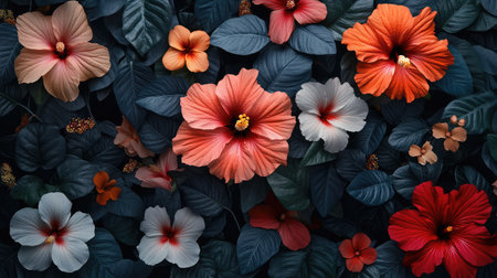 Blooming hibiscus flowers under tropical light, bold petals and space for layoutの素材