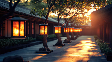 Lanterns glowing in a courtyard at night with shadows creating a beautiful abstract design and empty spaceの素材