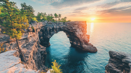 Natural arch in rocky cliffs overlooking a vibrant ocean, warm sunlight hitting the rocks, scenic formation with room for layoutの素材