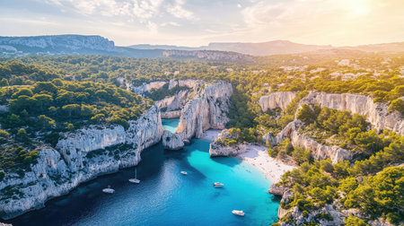 Peaceful bay surrounded by cliffs and green hills, calm blue water and soft light, open space for creative compositionsの素材