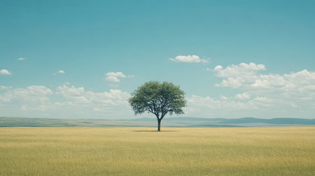Grassy field with a single tree under a wide blue sky with soft clouds, minimal and clean natural design backgroundの素材