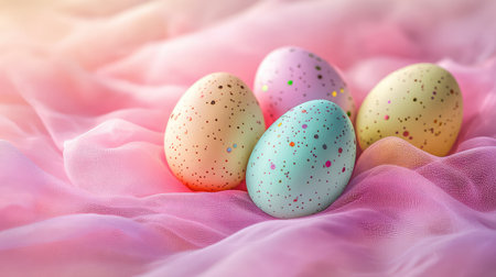 Softly lit Easter eggs on a pastel-colored fabric background with gentle light, leaving a blank area for holiday messages or custom textの素材
