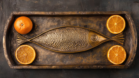 Traditional Chinese decorations like gold ingots, red envelopes, and oranges, with empty space for custom text or creative contentの素材