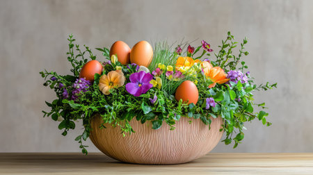 A colorful Easter basket filled with vibrant eggs, surrounded by delicate spring flowers and soft grass, leaving plenty of space for personalized holiday text or festive messagesの素材