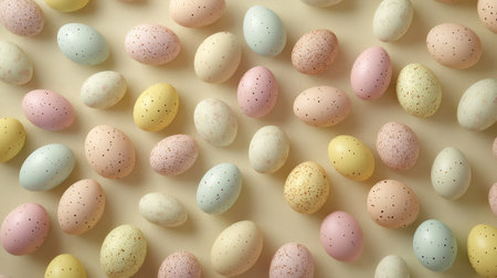 A beautiful display of pastel-colored Easter ornaments, such as eggs and tiny bunnies, scattered across a soft surface with plenty of open space for holiday messagesの素材