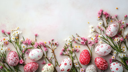 A charming Easter greeting card with colorful eggs and spring flowers, placed on a light-colored surface with ample open space for festive text or seasonal greetingsの素材