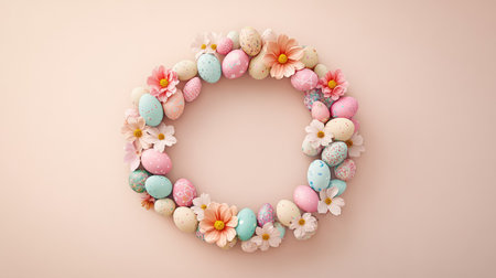 A decorative Easter wreath made of colorful eggs and soft flowers placed on a neutral background, with ample space in the foreground for personalized text or holiday greetingsの素材