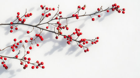 White snow background with scattered red berries and fir leaves, subtle and clean holiday copy spaceの素材