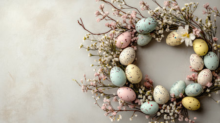 A decorative Easter wreath made of colorful eggs and soft flowers placed on a neutral background, with ample space in the foreground for personalized text or holiday greetingsの素材
