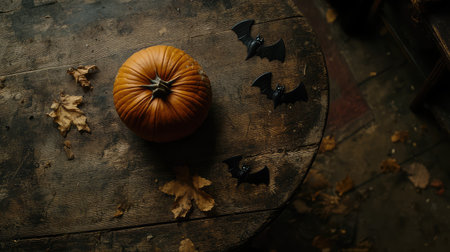 A dark wooden table with a single carved pumpkin glowing softly and small black bats nearby, leaving plenty of space for Halloween-themed textの素材