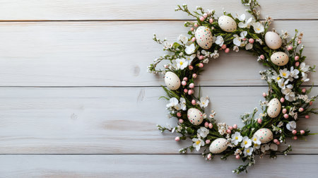 A delicate Easter wreath with pastel flowers and eggs on a light-colored wooden table, leaving plenty of space for festive copy or designsの素材