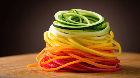 Colorful spiralized vegetables such as zucchini and carrots on cutting board with clean spaceの素材